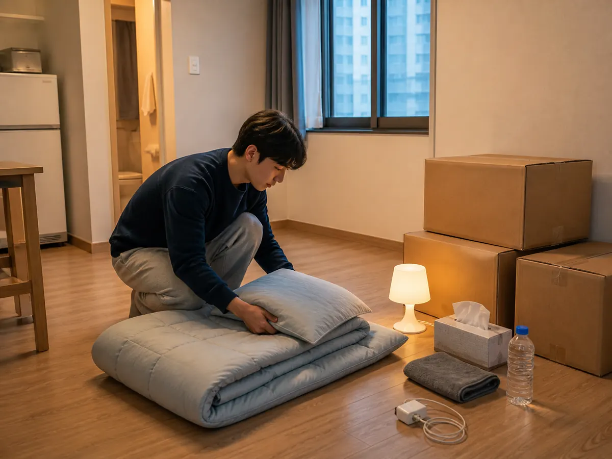 한국 원룸에서 첫날 생활용품과 고지서를 정리하는 모습